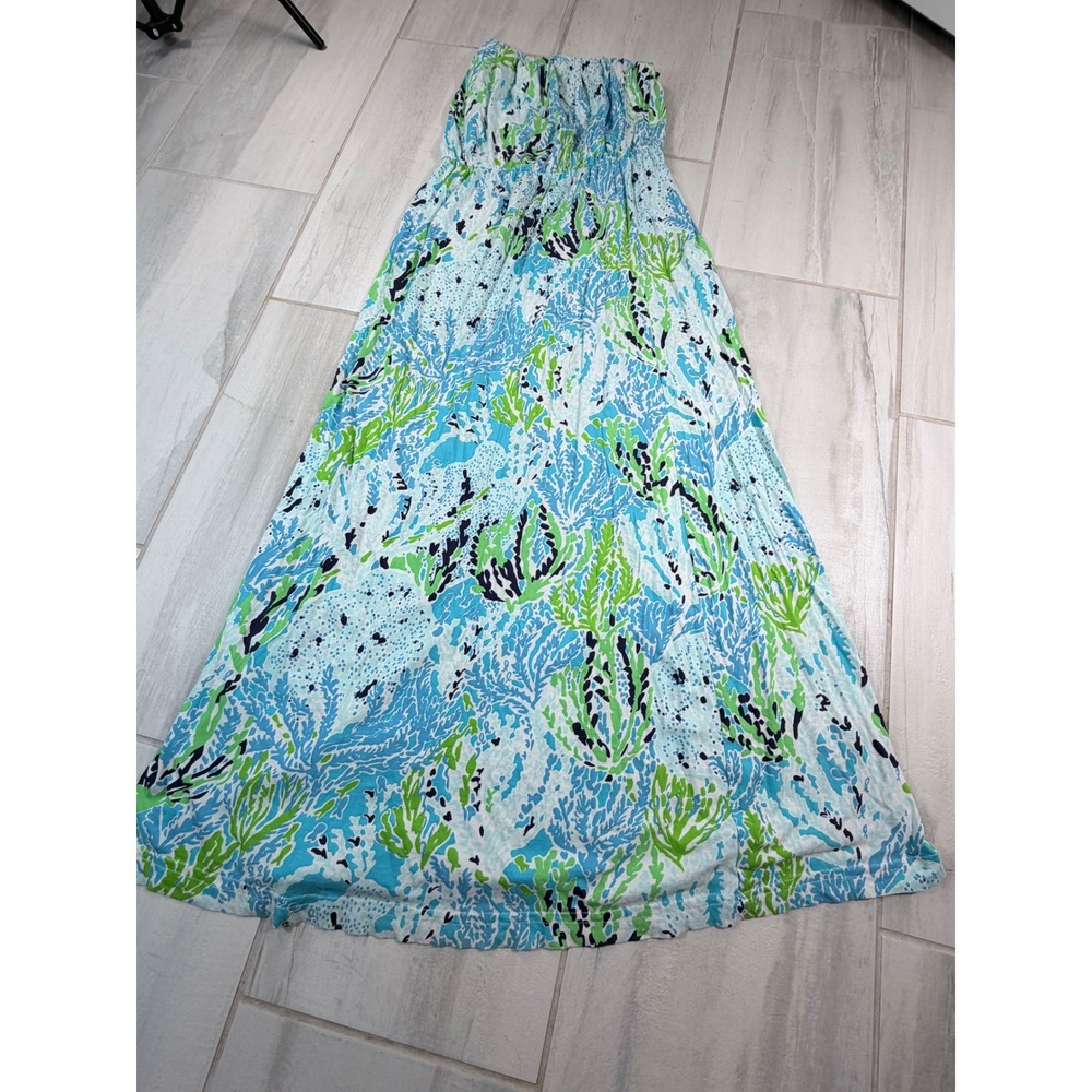 Lilly Pulitzer Blue Green Coral Reef Pima Cotton Strapless Maxi Dress Large